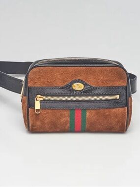 Gucci Brown Suede Belt Bag with Green-Red Web Stripe